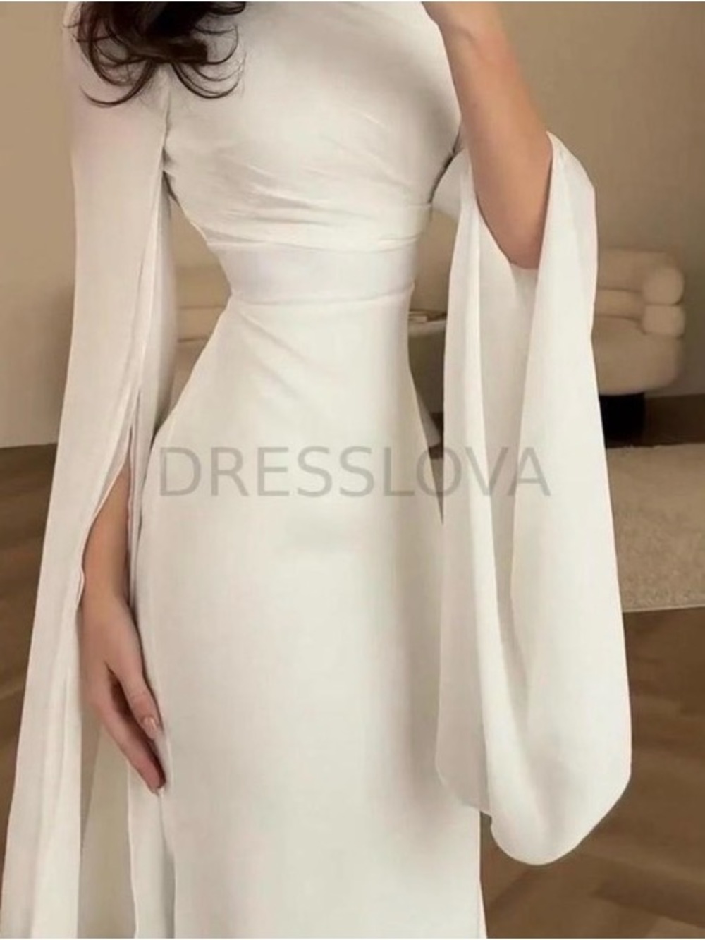 Women's Ivory Long Sleeve Slit Gown